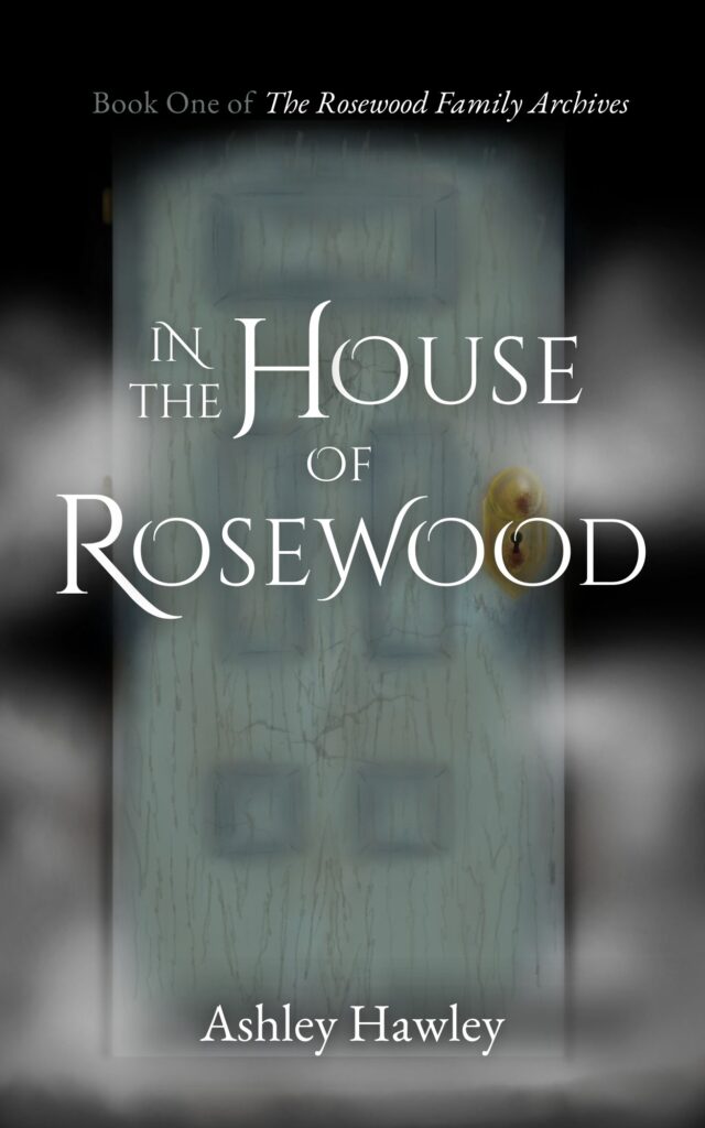 Front cover for In the House of Rosewood, depicting a pale blue door among white clouds and a black background.