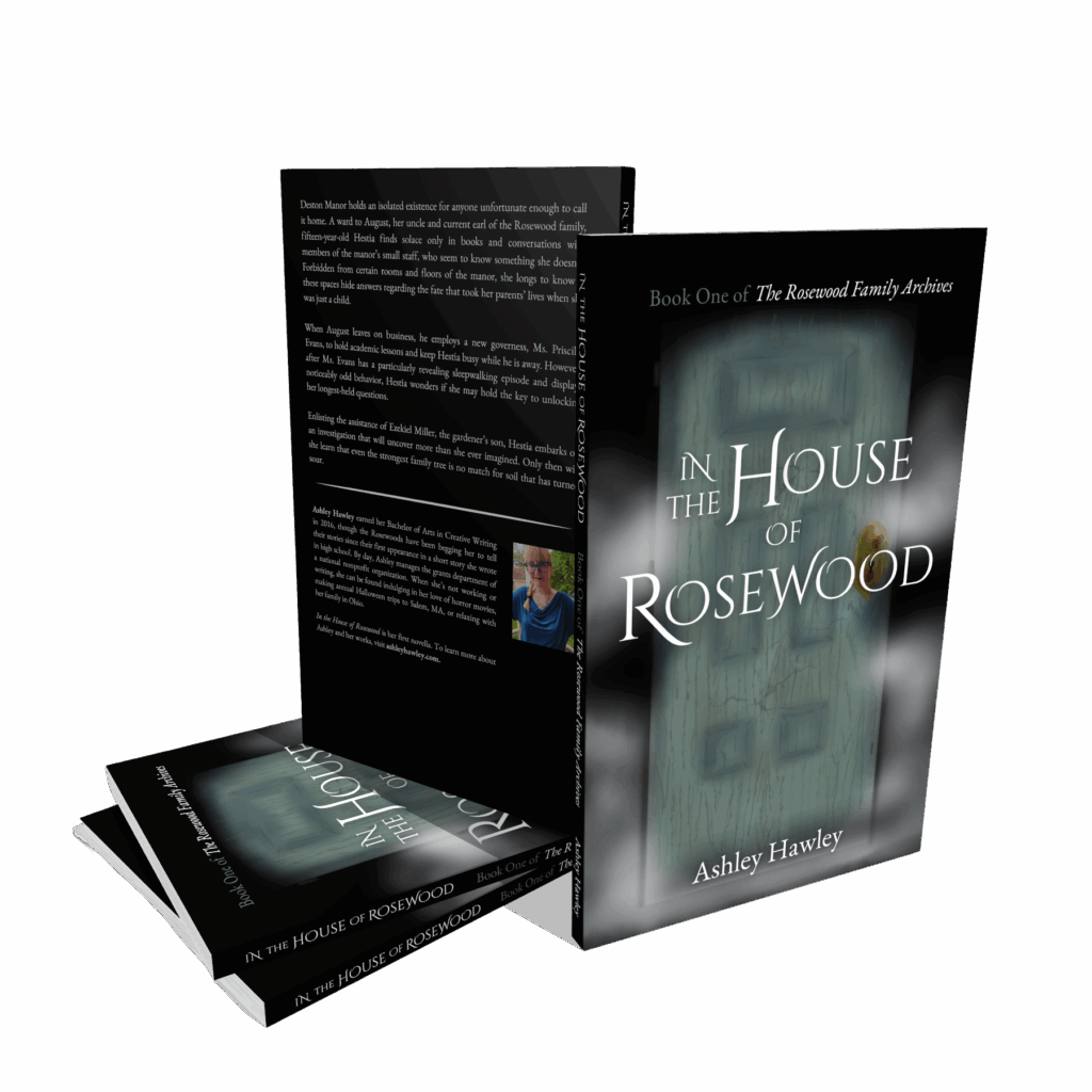 Front and back cover mockup for In the House of Rosewood, depicting a pale blue door among white clouds and a black background.